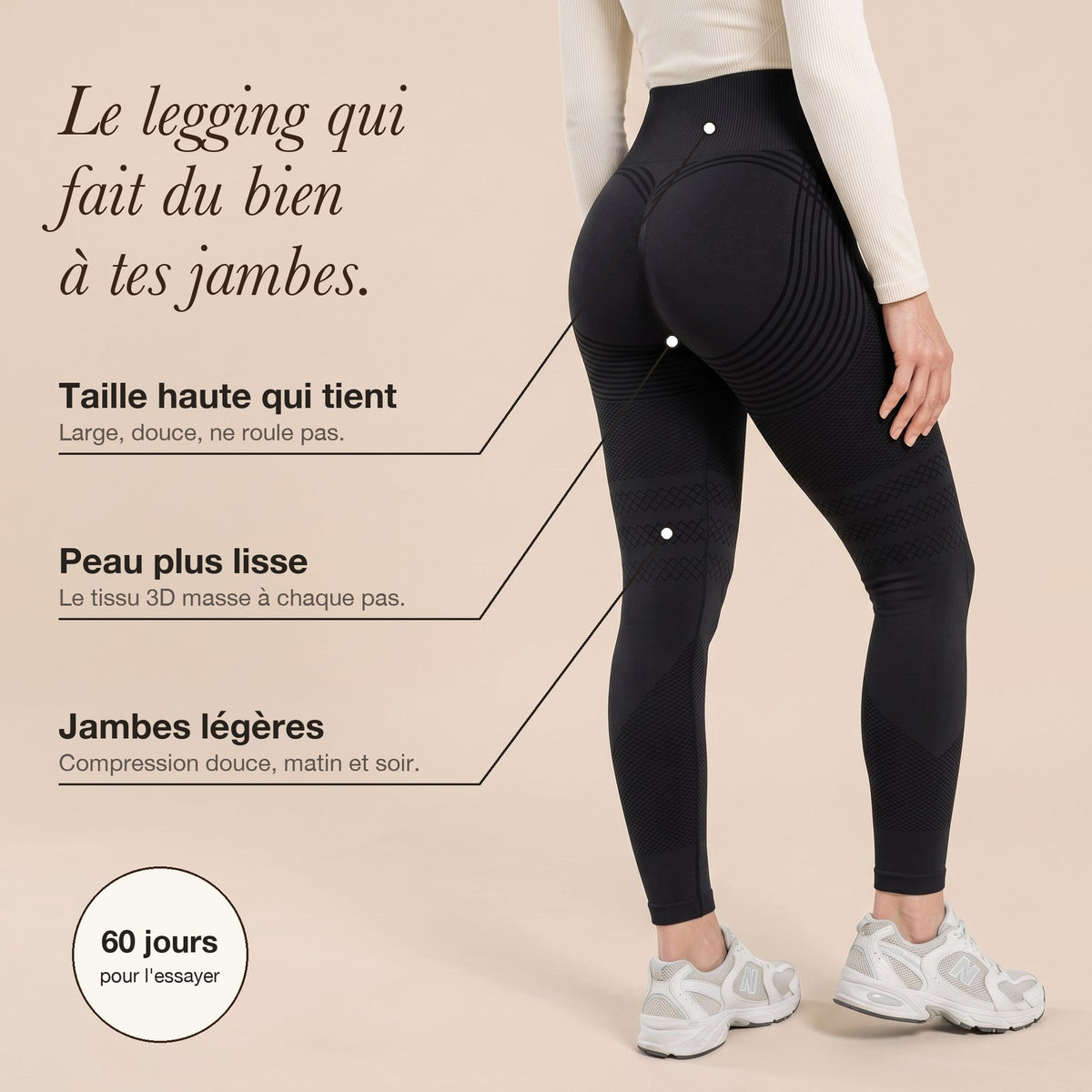 Legging Lissa noir taille haute porté de dos : taille haute qui tient, peau plus lisse, jambes légères