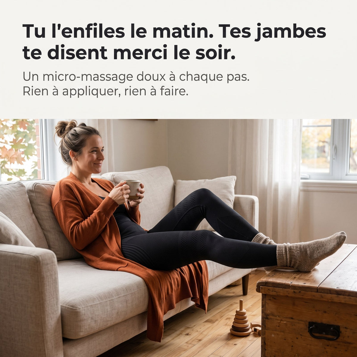 Femme sur le sofa en legging Lissa : tu l'enfiles le matin, tes jambes te disent merci le soir