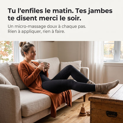 Femme sur le sofa en legging Lissa : tu l'enfiles le matin, tes jambes te disent merci le soir