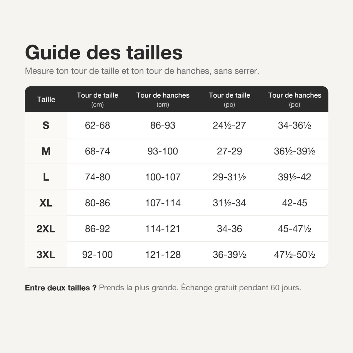 Guide des tailles du legging Lissa, S à 3XL, tour de taille et tour de hanches en cm et en pouces