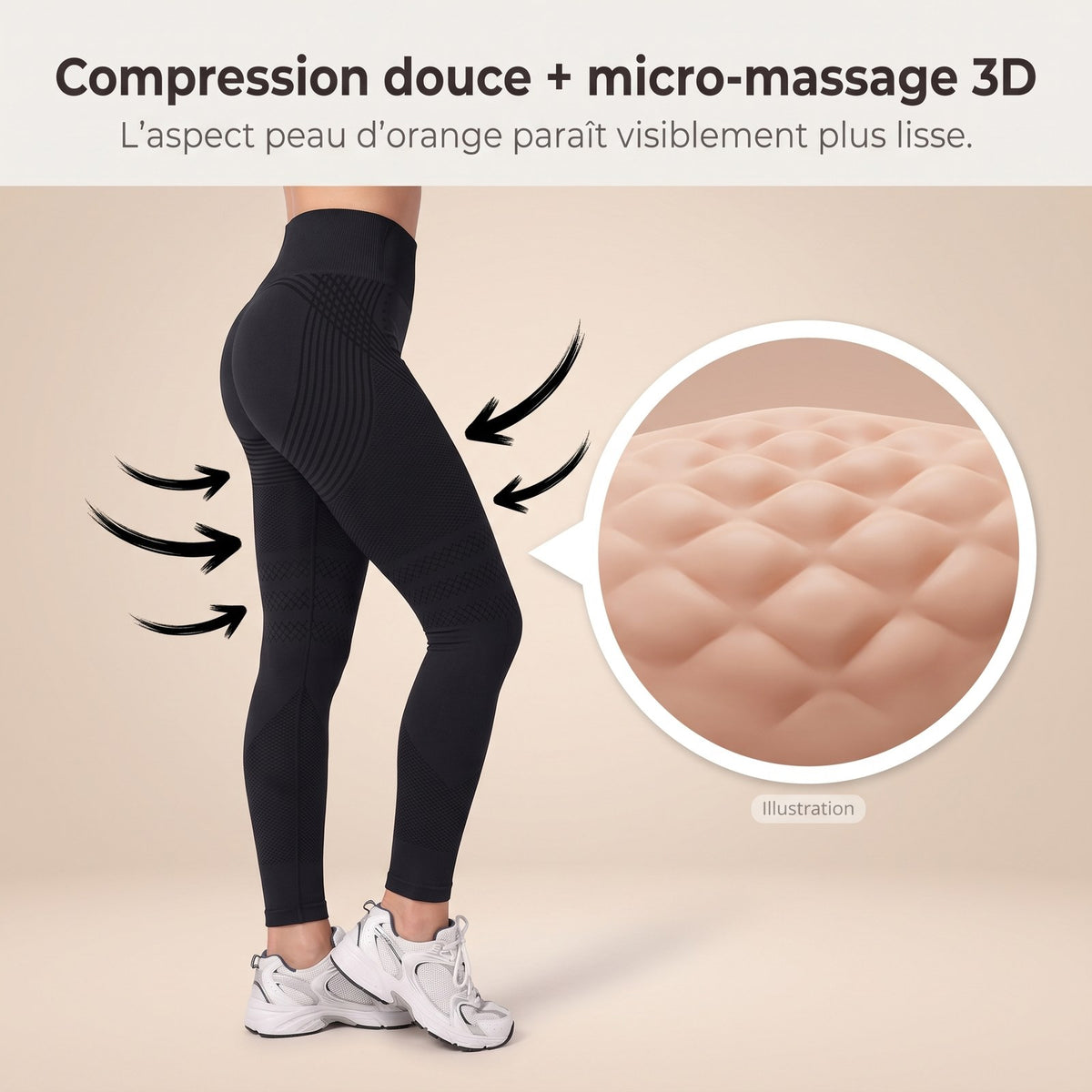 Legging Lissa avec flèches de compression douce et loupe illustrée montrant l'aspect peau d'orange visiblement plus lisse