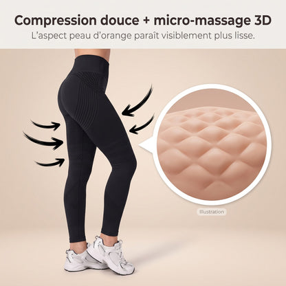 Legging Lissa avec flèches de compression douce et loupe illustrée montrant l'aspect peau d'orange visiblement plus lisse
